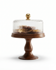 Fluted Glass Cloche with Wooden Pedestal Stand