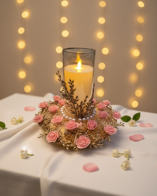 Pink Rose & Gold Filigree Artificial Candle Holder