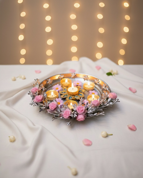 Artificial Pink Rose Floral Tealight Holder Platter