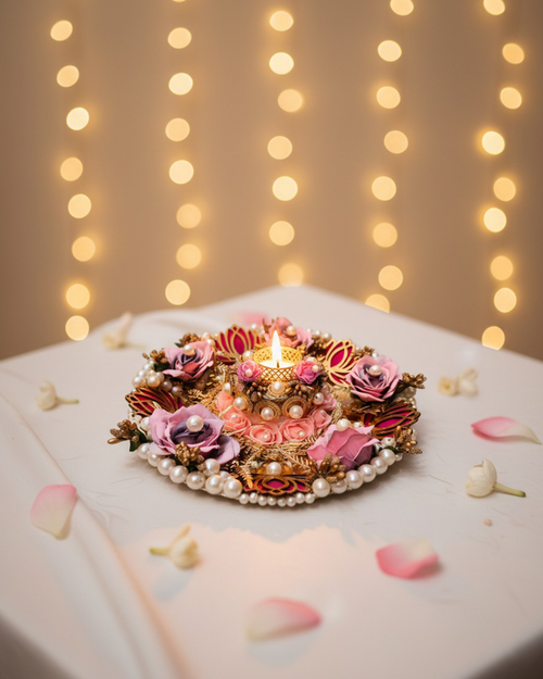 Mauve & Pink Rose Artificial Flower Pearl Tealight Holder