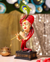 Red Krishna Face Idol with Peacock Feather