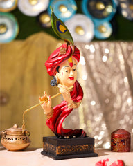 Red Krishna Face Idol with Peacock Feather