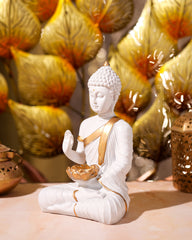 White Buddha Idol with Golden Kamal