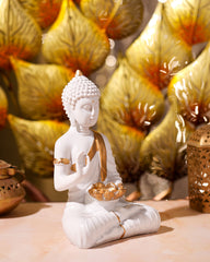 White Buddha Idol with Golden Kamal
