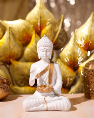 White Buddha Idol with Golden Kamal