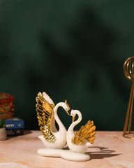 White Swan Couple Statue with Golden Wings