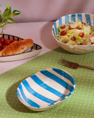 Hand-Painted Aqua Striped Ceramic Oval Bowl