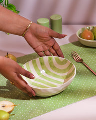 Hand-Painted Green Striped Ceramic Bowl