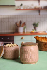 Zig Zag Patterned Ceramic Jars with Wooden Lids