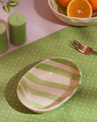 Hand-Painted Green Striped Ceramic Oval Bowl