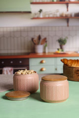 Zig Zag Patterned Ceramic Jars with Wooden Lids