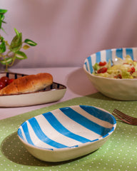 Hand-Painted Aqua Striped Ceramic Oval Bowl