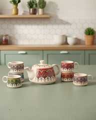 Hand-Painted Ceramic Tea Set: Vibrant Motif Kettle & Cups