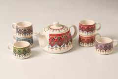 Hand-Painted Ceramic Tea Set: Vibrant Motif Kettle & Cups