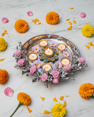 Artificial Pink Rose Floral Tealight Holder Platter