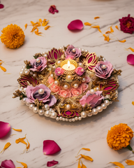 Mauve & Pink Rose Artificial Flower Pearl Tealight Holder