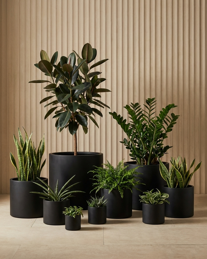 matte black indoor planter Cylinder Fiberglass Planter in Matte Black