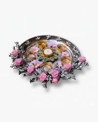 Artificial Pink Rose Floral Tealight Holder Platter