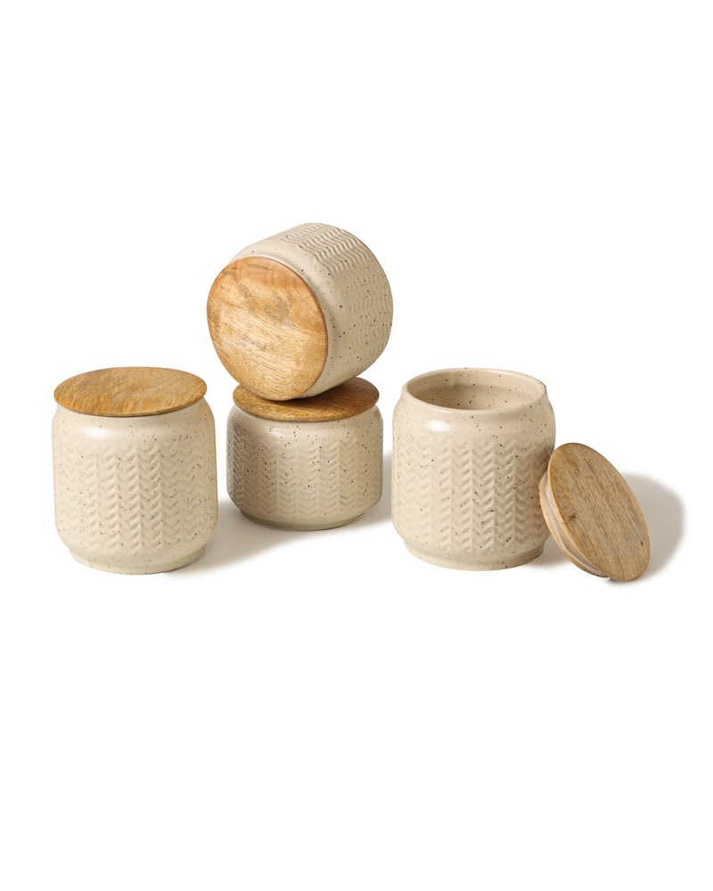 Alamkari India Blush Herringbone Ceramic Jars with Wooden Lids