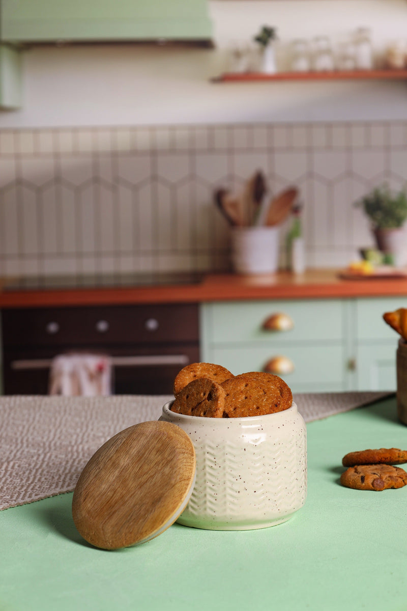 Alamkari India Blush Herringbone Ceramic Jars with Wooden Lids