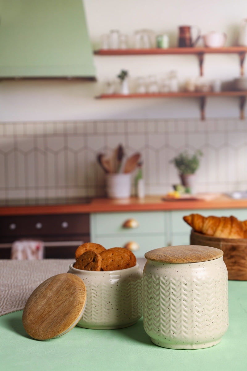 Alamkari India Blush Herringbone Ceramic Jars with Wooden Lids