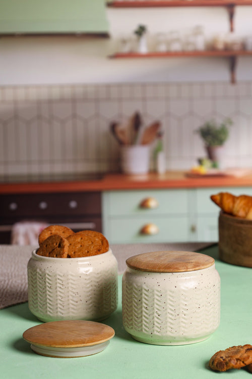 Alamkari India Blush Herringbone Ceramic Jars with Wooden Lids