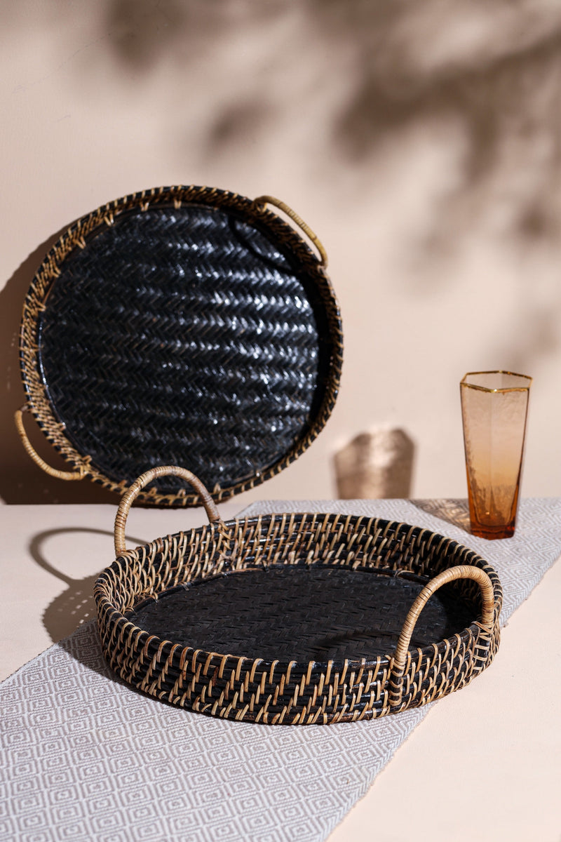 Alamkari India Cane Black Round Tray with High Handle