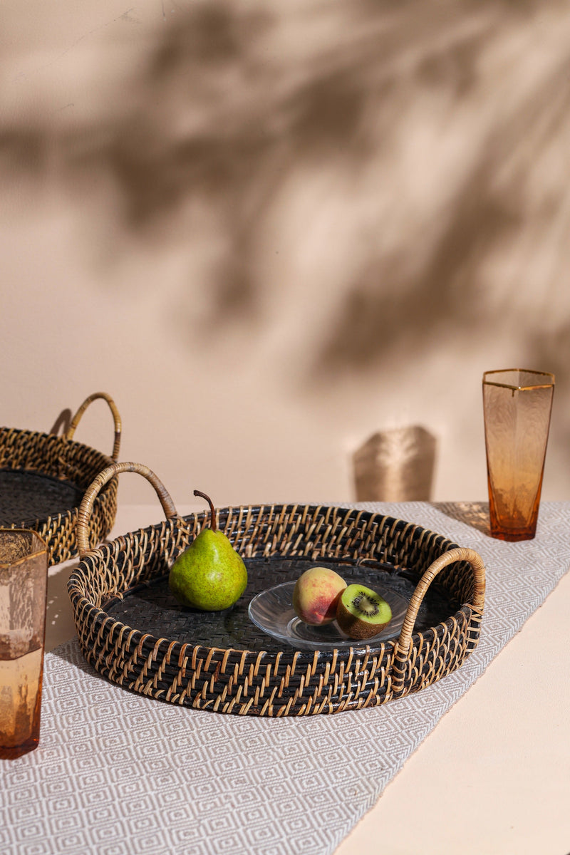 Alamkari India Cane Black Round Tray with High Handle