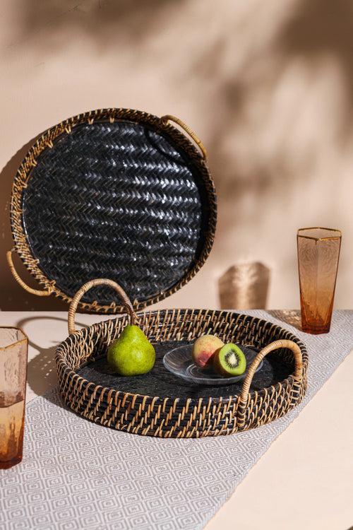 Alamkari India Cane Black Round Tray with High Handle