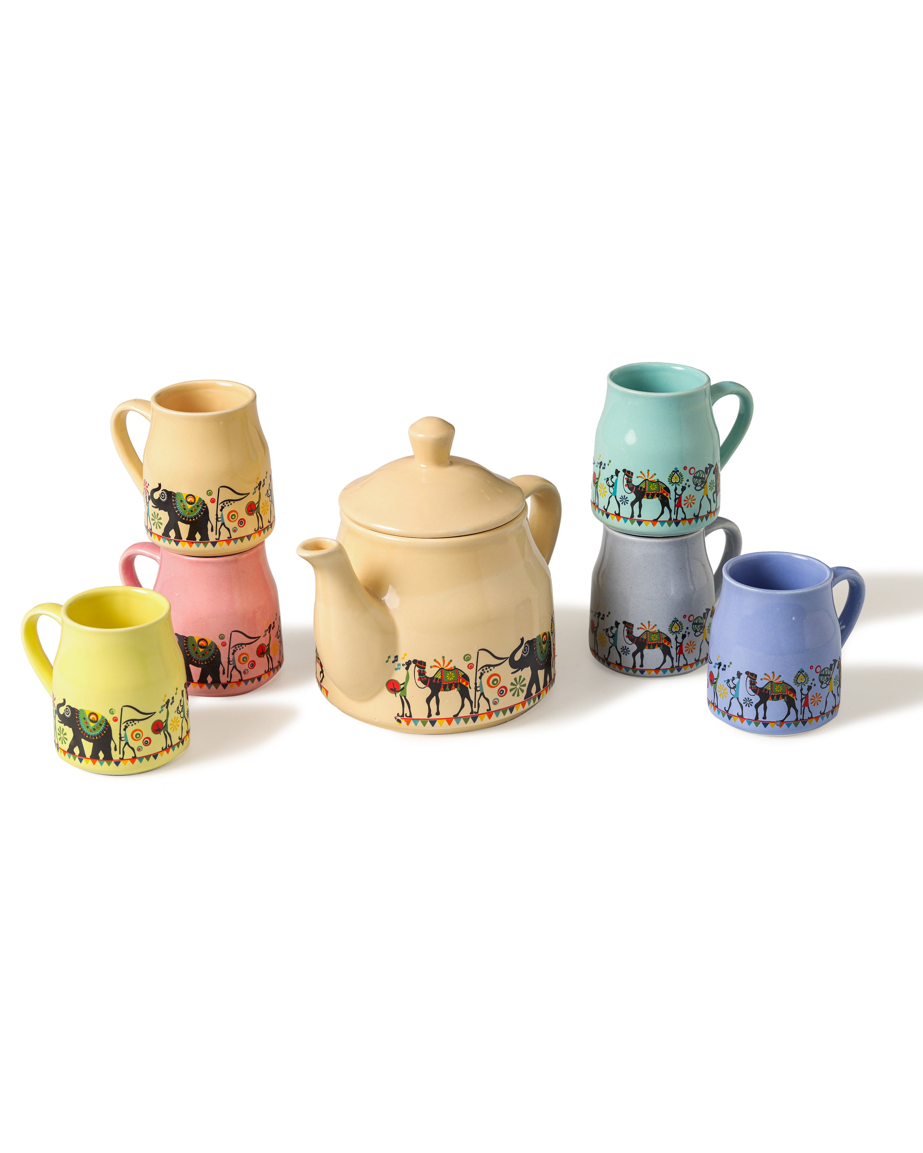 Alamkari India Ceramic Animal Print Tea Kettle Set with 6 Cups