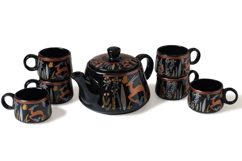 Alamkari India Ceramic Black Embellished Tea Pot Set