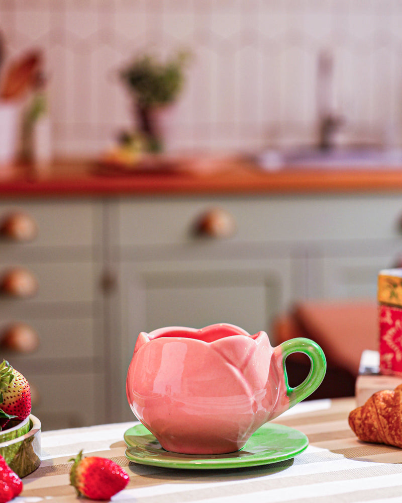 Alamkari India Ceramic Blooming Pink Tulip Cup and Saucer Set