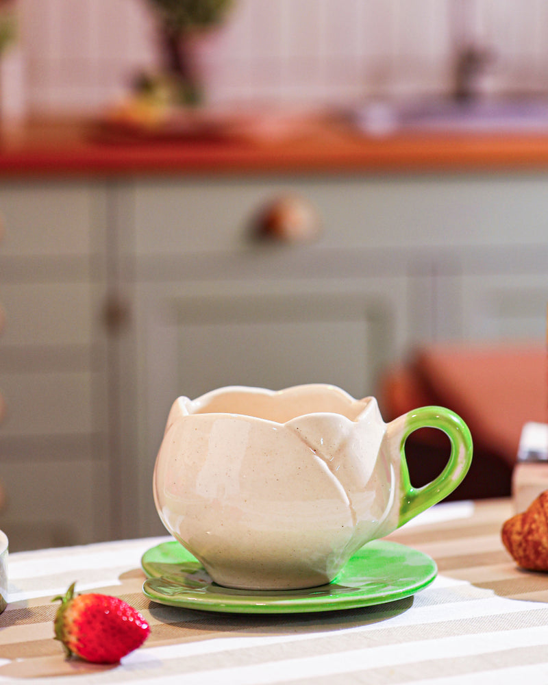 Alamkari India Ceramic Blooming White Tulip Cup and Saucer Set