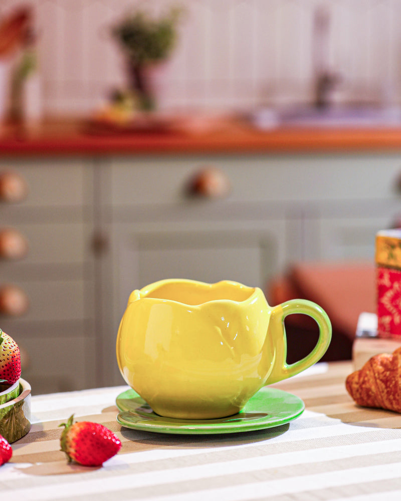 Alamkari India Ceramic Blooming Yellow Tulip Cup and Saucer Set