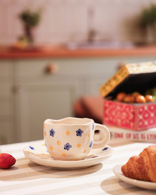 Alamkari India Ceramic Blue Floral Cup & Saucer Set