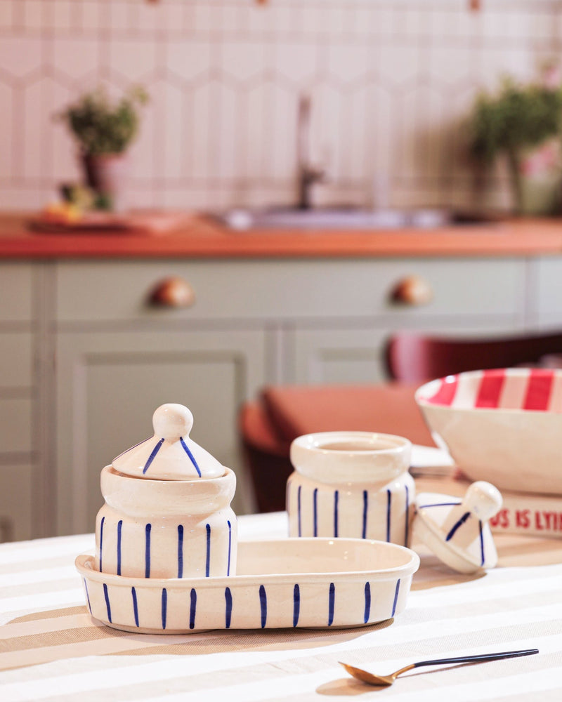 Alamkari India Ceramic Blue Stripe Ceramic Pickle Jar Set
