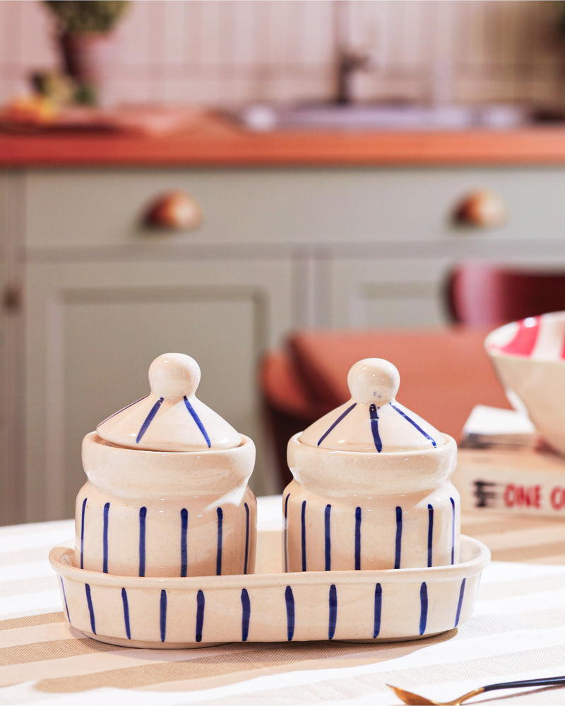 Alamkari India Ceramic Blue Stripe Ceramic Pickle Jar Set