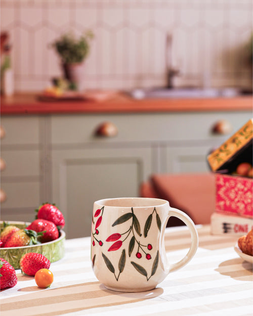 Alamkari India Ceramic Botanical Branch Ceramic Mug