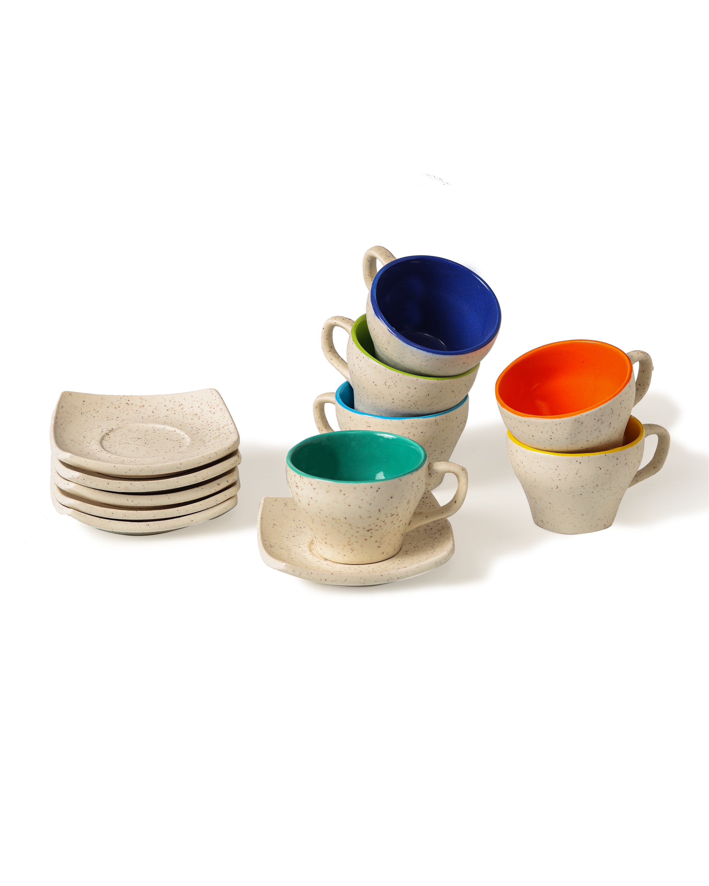 Alamkari India Ceramic Dusty Colorful Cup & Saucer Set of 6