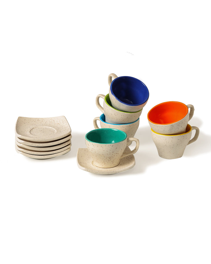 Alamkari India Ceramic Dusty Colorful Cup & Saucer Set of 6