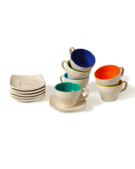 Alamkari India Ceramic Dusty Colorful Cup & Saucer Set of 6