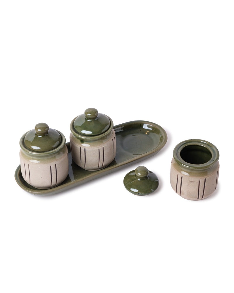 Alamkari India Ceramic Earthy Glaze Ceramic 3 Jar Set with Tray