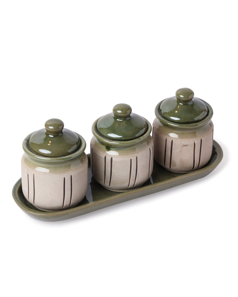Alamkari India Ceramic Earthy Glaze Ceramic 3 Jar Set with Tray