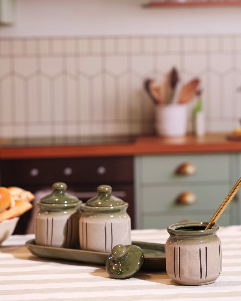 Alamkari India Ceramic Earthy Glaze Ceramic 3 Jar Set with Tray