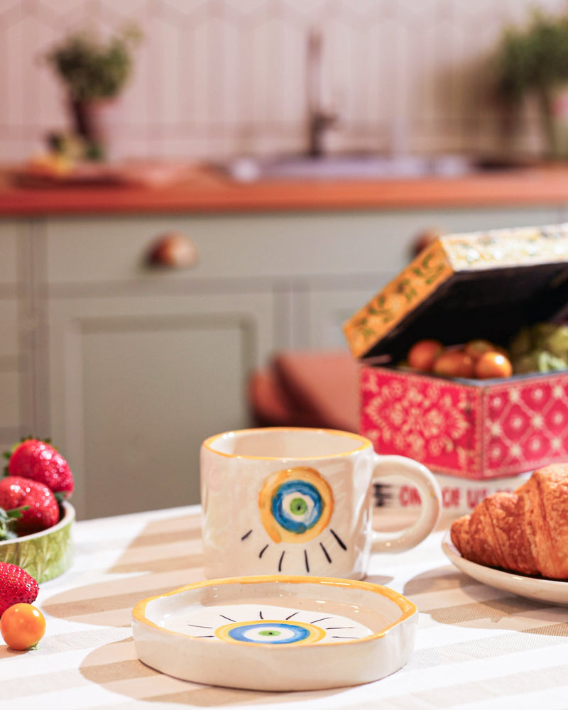 Alamkari India Ceramic Evil Eye Mug & Dessert Plate Combo cup saucer set