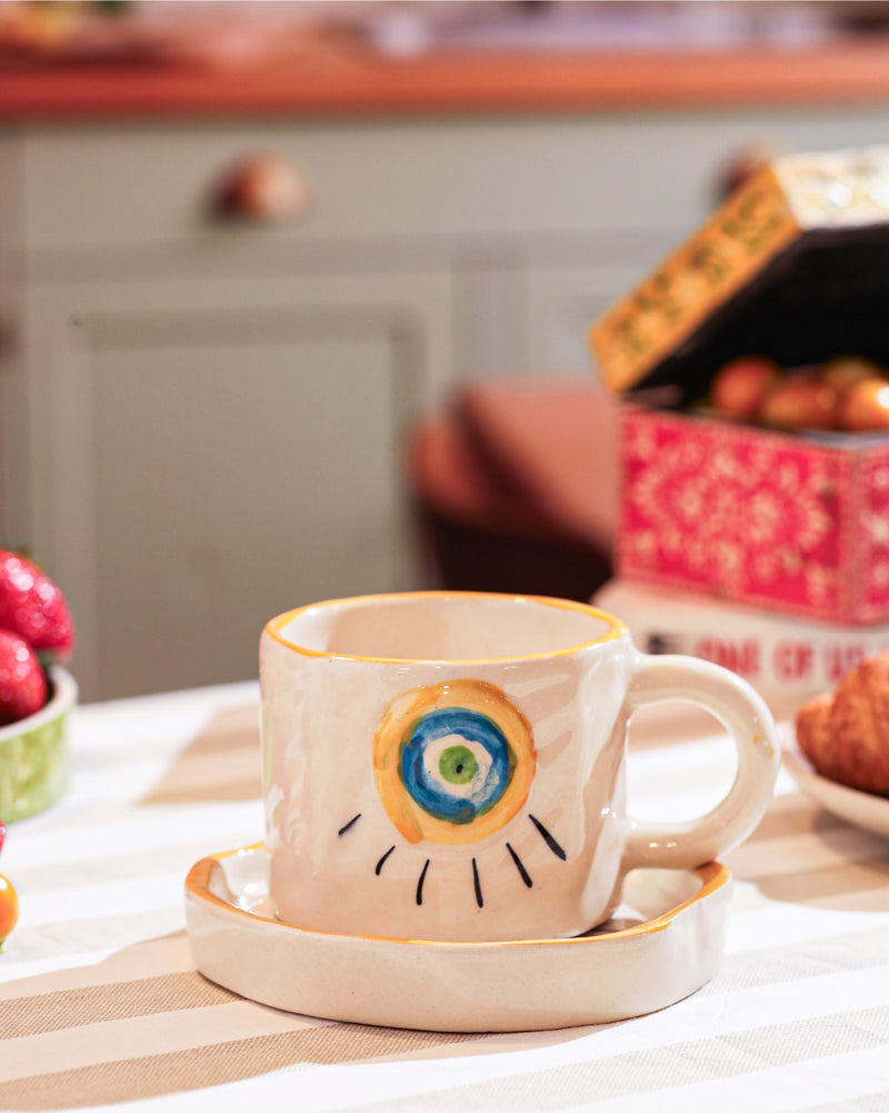 Alamkari India Ceramic Evil Eye Mug & Dessert Plate Combo cup saucer set