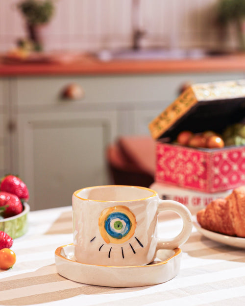 Alamkari India Ceramic Evil Eye Mug & Dessert Plate Combo cup saucer set