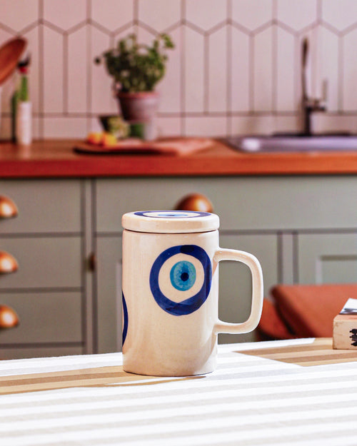Alamkari India Ceramic Evil Eye Protection Ceramic Mug with Lid