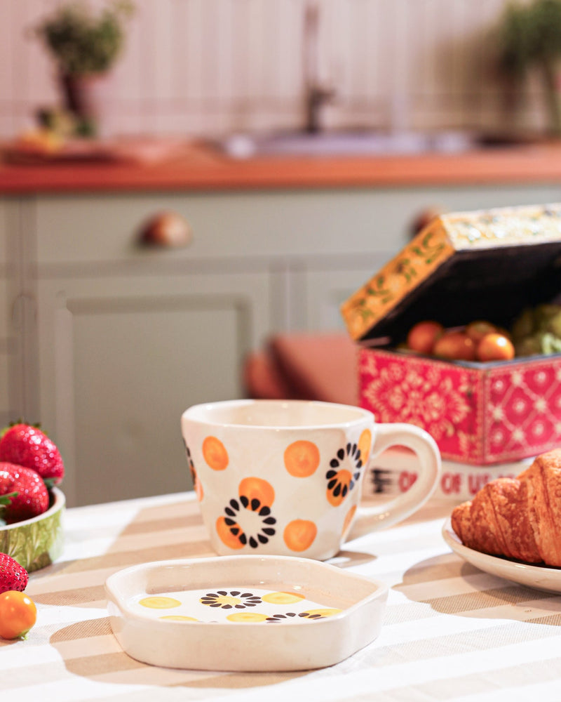 Alamkari India Ceramic Golden Bloom Handcrafted Cup Saucer Set