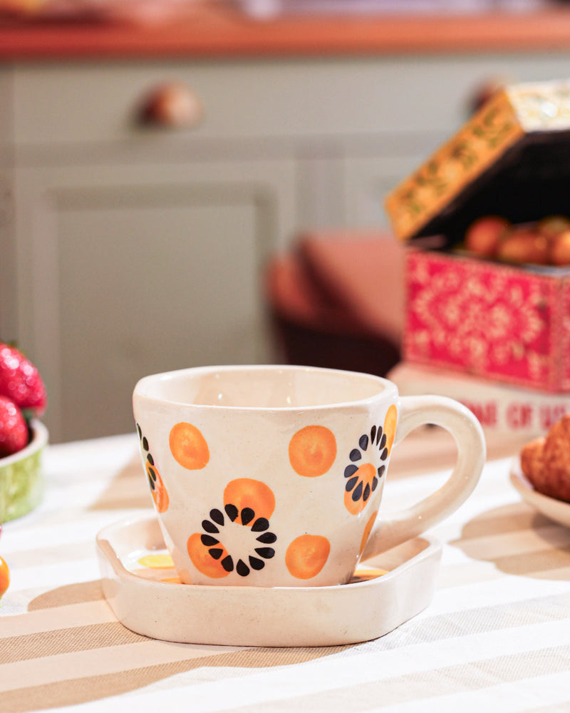 Alamkari India Ceramic Golden Bloom Handcrafted Cup Saucer Set